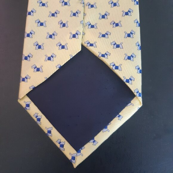 Scottie Dog Repeating Pattern Soft Yellow with Blue & White- Men's Tie 100% Silk - Picture 5 of 9